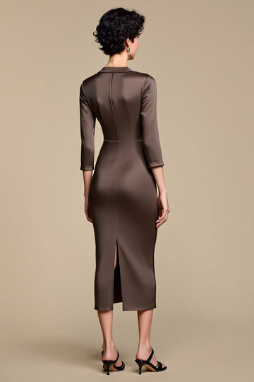 Brown Notched Lapel Sheath 3/4 Sleeves Long Work Dress
